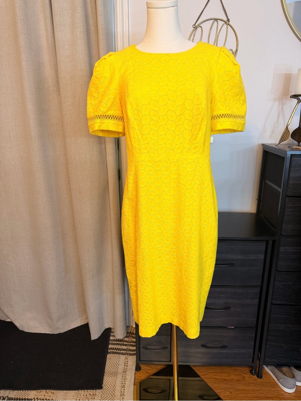 Calvin Klein Yellow Eyelet Puff Sleeve Midi Dress
